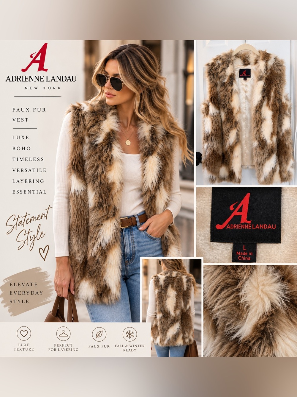 Adrienne Landau Faux Fur Vest Size L Brown Cream Patchwork Boho Luxe